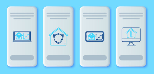 Set line House under protection, Mobile phone with smart home with wi-fi, Laptop and Computer monitor house temperature icon. Vector