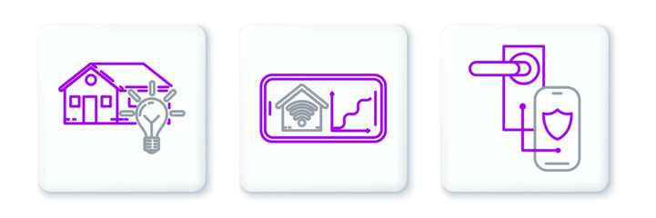 Set line Digital door lock with wireless technology for lock, Smart house and light bulb and Mobile phone smart home wi-fi icon. Vector