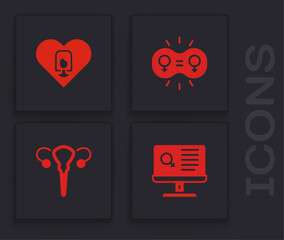 Set Dating app, Heart with female, Gender equality and Female reproductive system icon. Vector