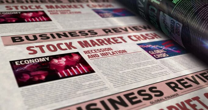 Stock market crash, recession and business crisis daily news newspaper roll printing. Abstract concept retro headlines 3d seamless looped.