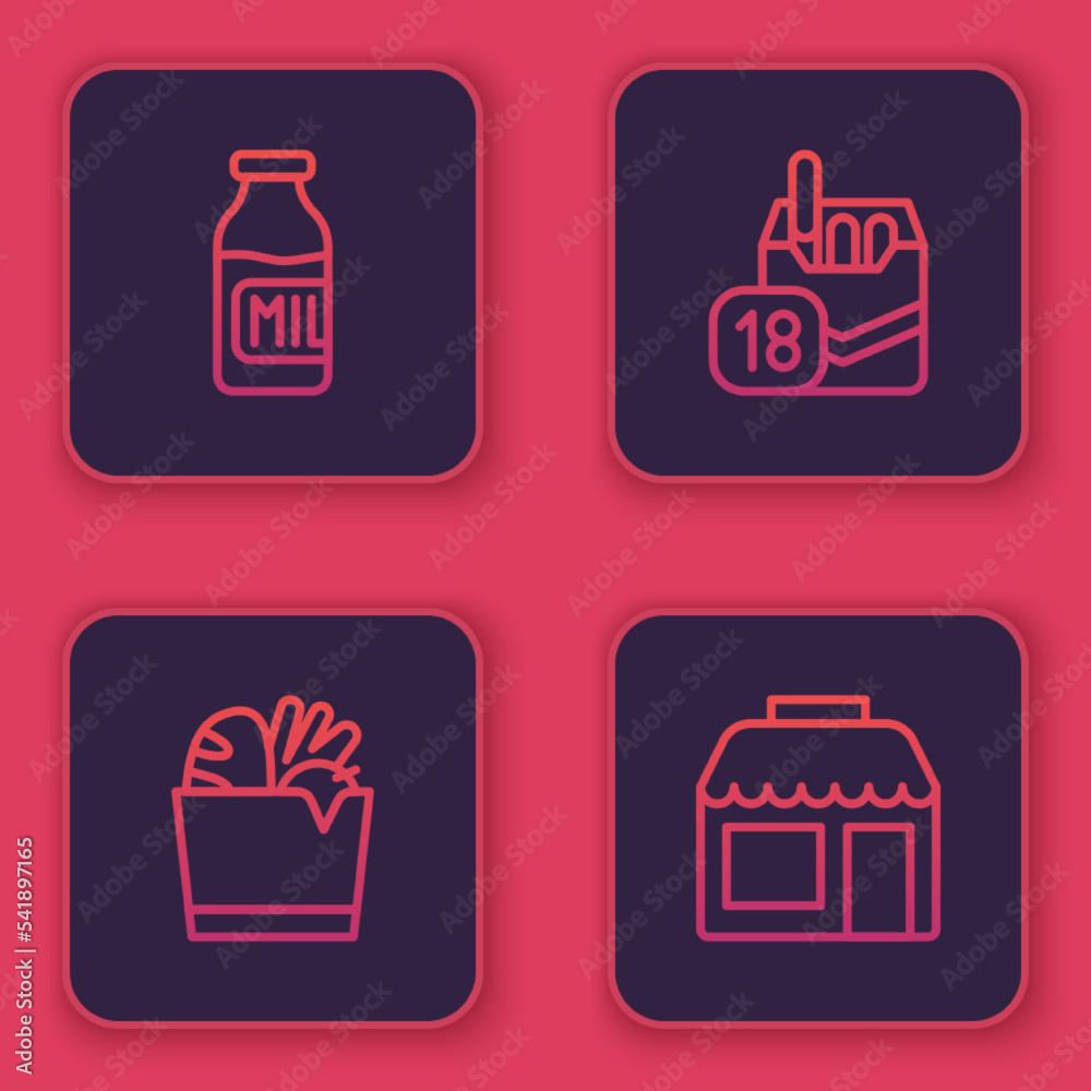 Sticker Set line Bottle with milk, Shopping bag and food, Cigarettes pack box and Market store. Blue square button. Vector