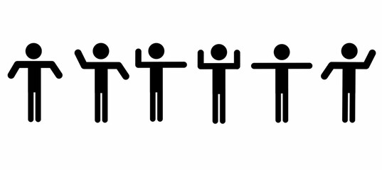 Stick man shows various signs. A human figurine. Pictograms of various human poses on white. Flat design style.