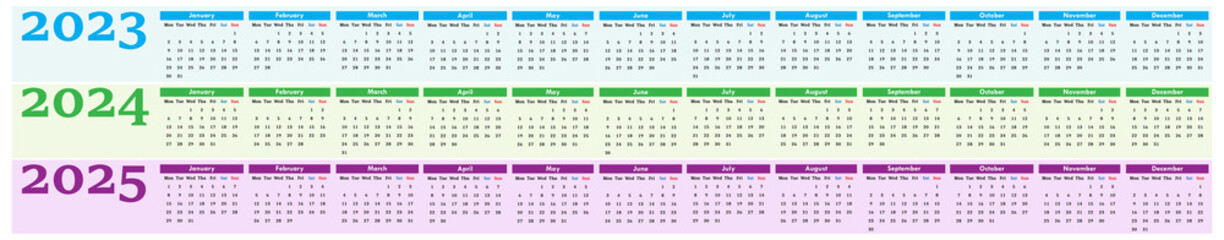 Next three years horizontal calendars