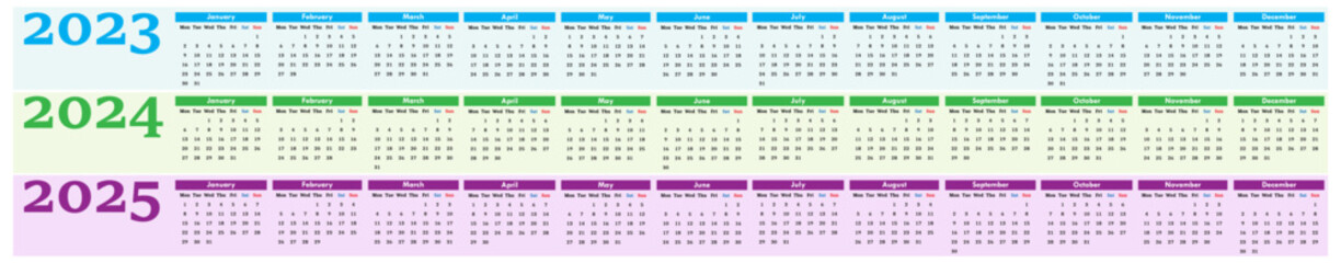 Next three years horizontal calendars