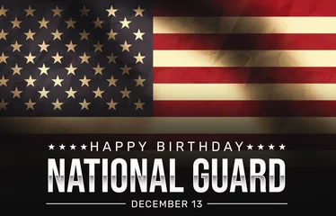 Foto op Plexiglas Happy Birthday National Guard of the United States of America with a waving flag in the background. Vintage-style patriotic national guard birthday wallpaper © visuals6x