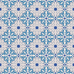Seamless background image of vintage blue star geometry kaleidoscope pattern.