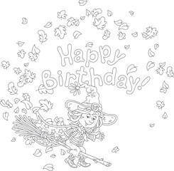 Happy birthday card with a funny little witch flying on her magic broom through falling and swirling autumn leaves, black and white outline vector cartoon for a coloring book