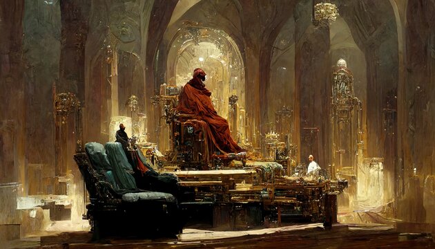 King in red sitting on a throne in a castle hall fantasy illustration
