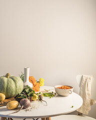 still life with fruits and vegetables on the round white table. Kinfolk style