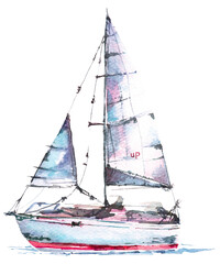 Illustration sailboat watercolor.Art print boat with blue sails.water extreme sports.Activity Travel at sea.