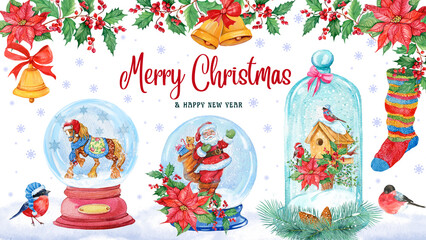 Christmas background with snow globes and cloches , Watercolor hand painting - 541900984