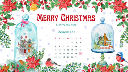 Christmas calendar december with snow globes and cloches ,Watercolor hand painting - 541901152