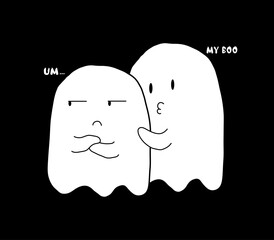 scary halloween ghost, Cartoon white couple ghost showing love at Halloween night. Vector drawing idea for sticker idea, t-shirt, print, decoration and website.