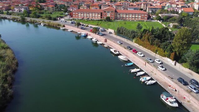 Aerial view of Temo river in Bosa. Sardinia, Italy