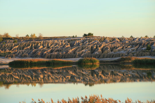 Mining successor landscape, renaturation, Lake "Schlabendorfer See", in dusk, Wanninchen - Luckau, Germany