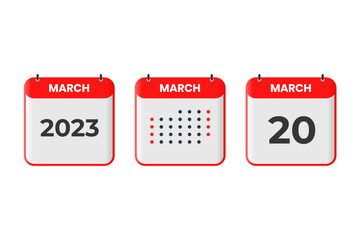 March 20 calendar design icon. 2023 calendar schedule, appointment, important date concept