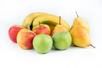 On a white background apples, pears, bananas. Fruit background.