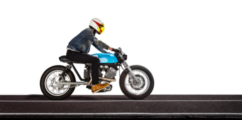 Man seat on the motorcycle on the asphalt road. Transparent background.