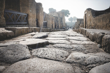 Ruins of Herculaneum, on the slopes of Vesuvius, an ancient Roman city destroyed by volcanic...