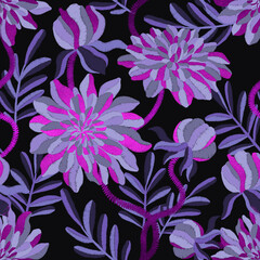 Hand drawn Vibrant floral pattern blossom flowers seamless background. Ornament for clothes, textiles, interior, gift wrapping, postcards, invitations