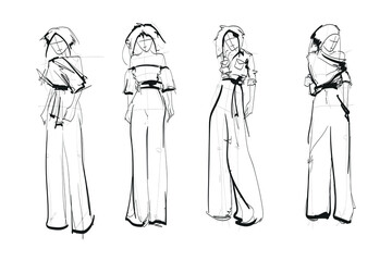 Set of young beautiful women in stylish clothes. Fashion sketch.