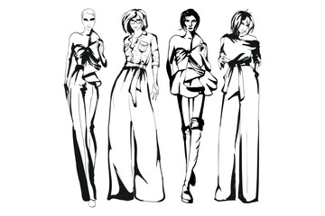 Set of young beautiful women in stylish clothes. Fashion sketch.