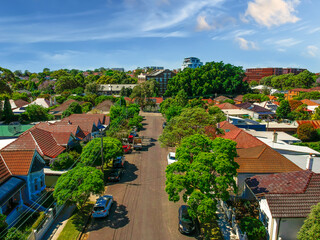 Panoramic Aerial Drone view of Suburban Sydney housing, roof tops, the streets and the parks