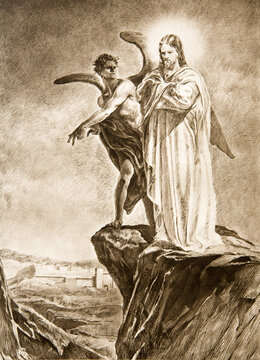 The Lithography Of Temptation Of Christ On Desert From Begin Of 20. Cent.