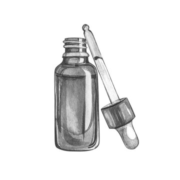 illustration bouteille en verre avec compte goutte noir et blanc