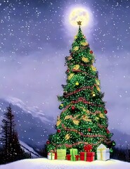 Christmas beautifully decorated tree in snow forest under Yellow Moon 3d render 3d illustration