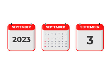 September 2023 calendar design. 3rd September 2023 calendar icon for schedule, appointment, important date concept