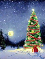 Christmas beautifully decorated tree in snow forest under Yellow Moon 3d render 3d illustration