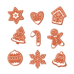 Fototapeta na wymiar Christmas cookies with icing. New year decorated cookie. Merry Christmas and Happy Holidays. Winter homemade sweets. Hand drawn vector illustration