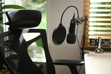 A professional condenser microphone in home studio. Entertainment, podcasts and technology concept