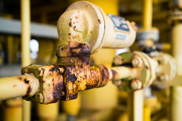 Close-up of corroded steel pipe, corrosion of steel, general corrosion, offshore petroleum pipelines.