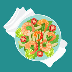 Illustration on the theme of food. Appetizing salad with shrimps, avocado, cherry tomatoes, lime and greens. Vector illustration