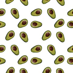 Seamless pattern with half avocado. Print on white background for menu design, stickers, books, nursing, paper, kitchen design.
