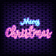 Merry Christmas Badge in neon style. Neon script. Night advensing. Modern trend design. Vector Illustration