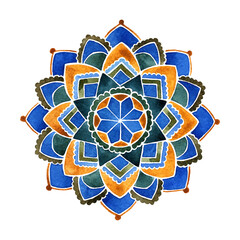 Ethnic mandala with colorful tribal ornament. Isolated. Bright colors of watercolors