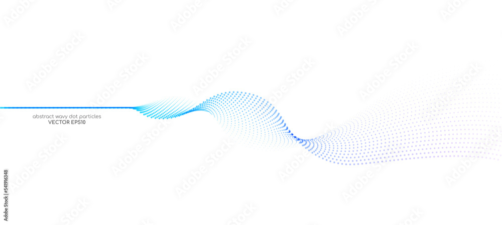 Poster flowing particles wave pattern colorful gradient blue purple pink isolated on white background. vect