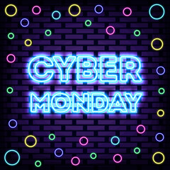 Cyber Monday Badge in neon style. Neon script. Light art. Trendy design elements. Vector Illustration