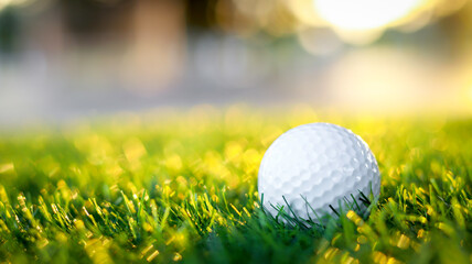 Golf ball close up on tee grass on blurred beautiful landscape of golf background. Concept international sport that rely on precision skills for health relaxation...