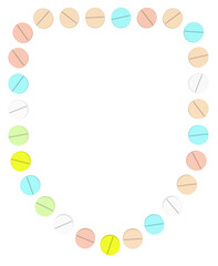 Color Pills frame. 3D rendering illustration.Shield.