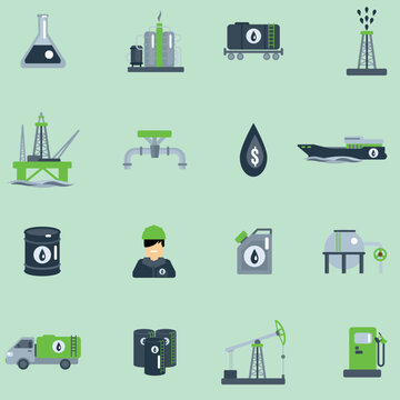 Oil Industry Color Flat Vector Icon Collection Set