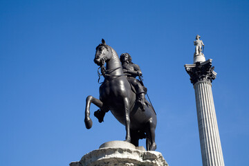 London - admiral Nelson column and King Charles I Trafalgar square - detail - obrazy, fototapety, plakaty