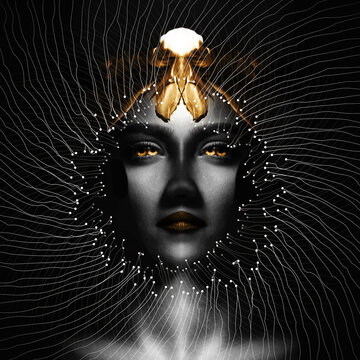 Fine art, sci-fi concept. Abstract and futuristic looking alien or extraterrestrial looking model with golden hair, eyes and lips looking calmly at camera. Circular futuristic shape in foreground