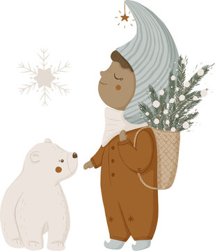 Christmas black Baby boy and bear illustration for design, print, pattern, isolated on a transparent background
