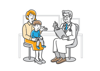医者に診察を受ける幼児と母親のイラスト素材