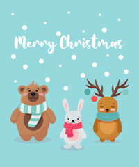Christmas card with forest animals. Cute forest winter animals characters, bear, hare, deer. Forest animals in knitted warm scarves