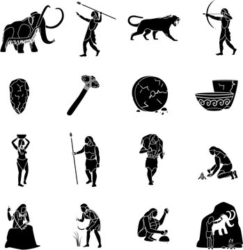 Prehistoric stone age black and white flat vector icon collection set